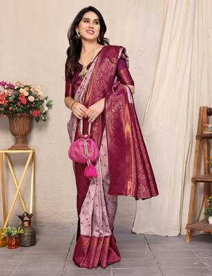Wine silk blend banarasi saree with unstitched blouse piece 4