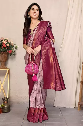 Wine silk blend banarasi saree with unstitched blouse piece