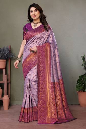 Lavender wine soft silk blend banarasi jacuard work designer party wear saree with unstitched blouse piece