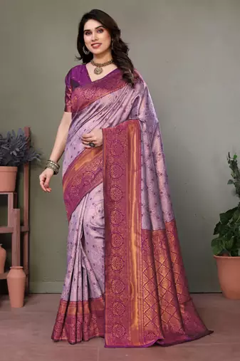 Lavender wine soft silk blend banarasi jacuard work designer party wear saree with unstitched blouse piece