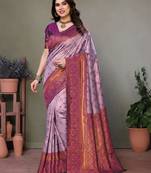 Lavender wine soft silk blend banarasi jacuard work designer party wear saree with unstitched blouse piece