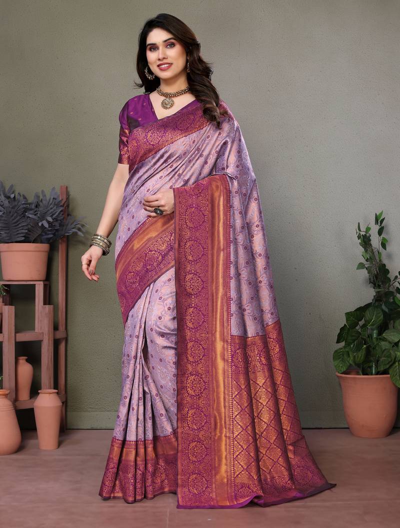 Lavender wine soft silk blend banarasi jacuard work designer party wear saree with unstitched blouse piece