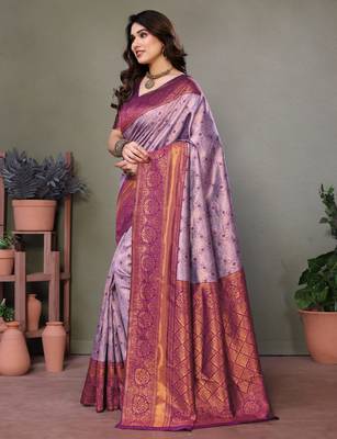 Lavender wine silk blend banarasi saree with unstitched blouse piece 2