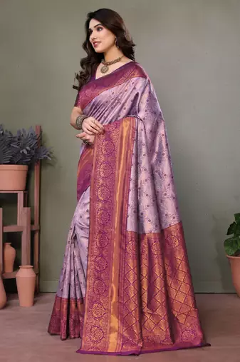Lavender wine silk blend banarasi saree with unstitched blouse piece