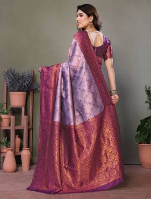 Lavender wine silk blend banarasi saree with unstitched blouse piece 3