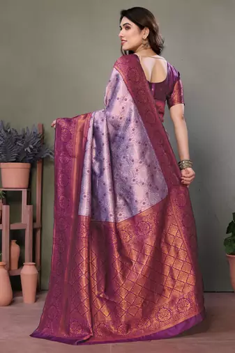 Lavender wine silk blend banarasi saree with unstitched blouse piece