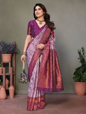 Lavender wine silk blend banarasi saree with unstitched blouse piece 4