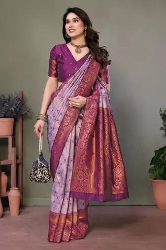 Lavender wine silk blend banarasi saree with unstitched blouse piece