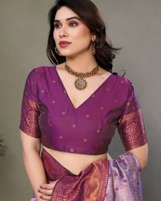 Lavender wine silk blend banarasi saree with unstitched blouse piece 5