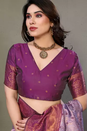 Lavender wine silk blend banarasi saree with unstitched blouse piece