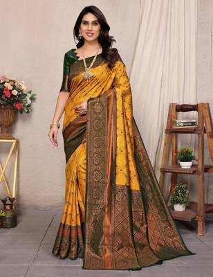 Yellow green silk blend banarasi saree with unstitched blouse piece 1