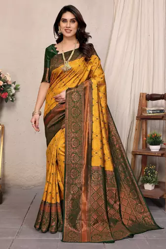 Yellow green soft silk blend banarasi jacuard work designer party wear saree with unstitched blouse piece