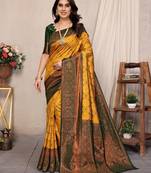 Yellow green soft silk blend banarasi jacuard work designer party wear saree with unstitched blouse piece