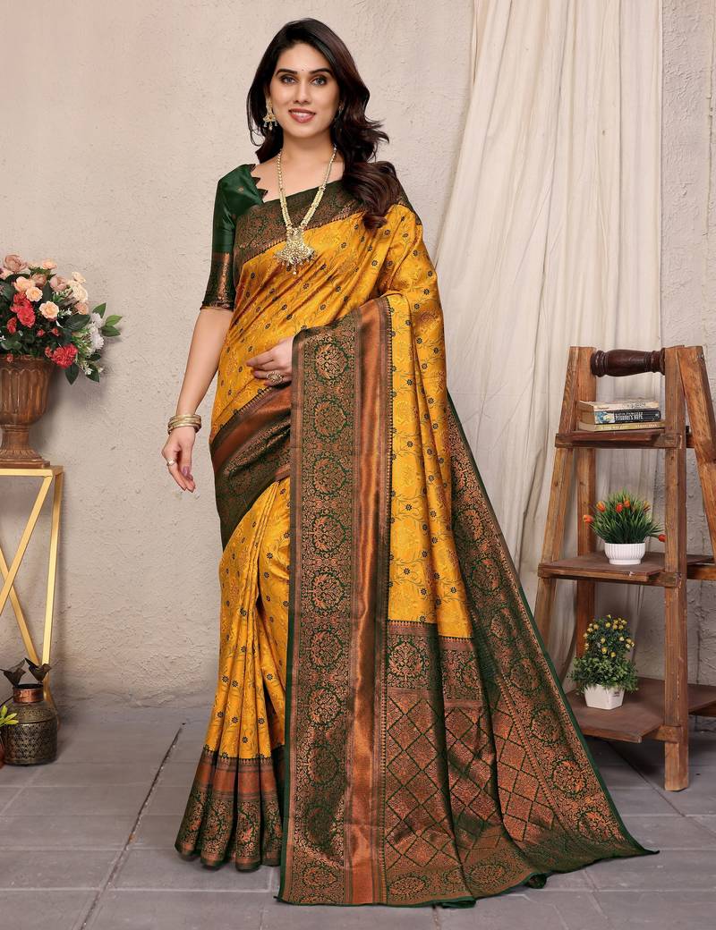 Yellow green soft silk blend banarasi jacuard work designer party wear saree with unstitched blouse piece