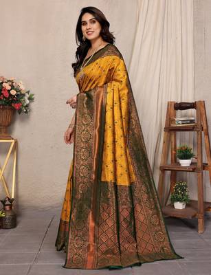 Yellow green silk blend banarasi saree with unstitched blouse piece 2