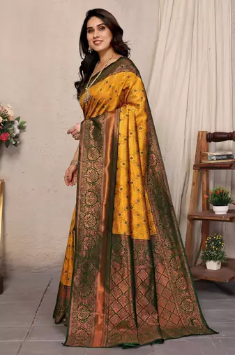 Yellow green silk blend banarasi saree with unstitched blouse piece