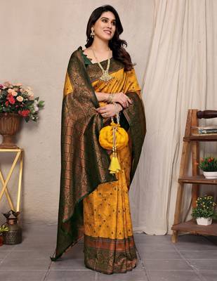 Yellow green silk blend banarasi saree with unstitched blouse piece 3