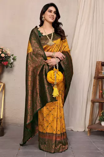 Yellow green silk blend banarasi saree with unstitched blouse piece