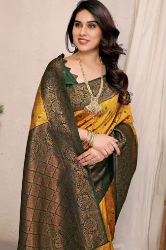 Yellow green silk blend banarasi saree with unstitched blouse piece