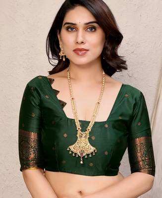 Yellow green silk blend banarasi saree with unstitched blouse piece 5