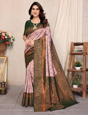 Light pink silk blend banarasi saree with unstitched blouse piece 1