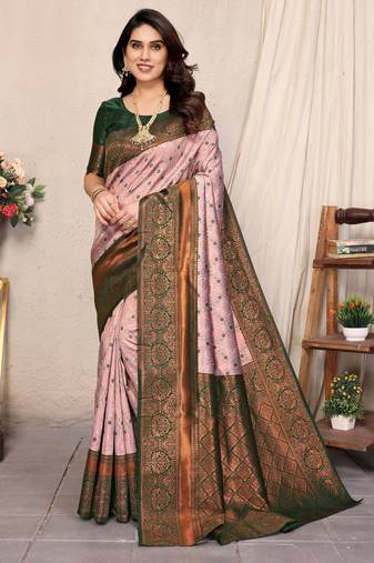 Light pink soft silk blend banarasi jacuard work designer party wear saree with unstitched blouse piece