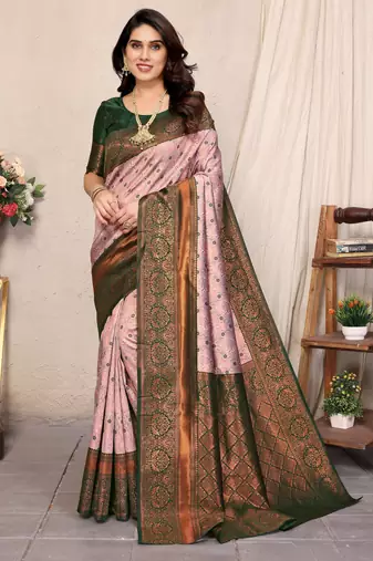 Light pink soft silk blend banarasi jacuard work designer party wear saree with unstitched blouse piece