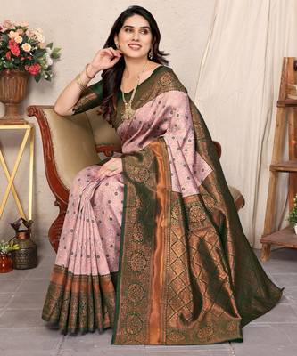 Light pink silk blend banarasi saree with unstitched blouse piece 2