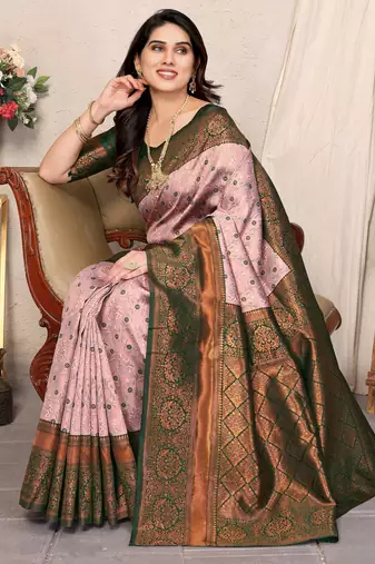 Light pink silk blend banarasi saree with unstitched blouse piece
