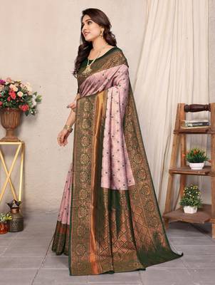 Light pink silk blend banarasi saree with unstitched blouse piece 4