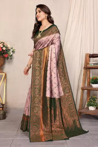 Light pink silk blend banarasi saree with unstitched blouse piece