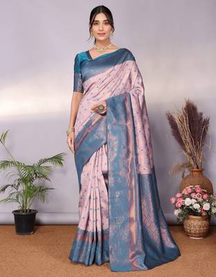 Pech sky blue silk blend banarasi saree with unstitched blouse piece 1