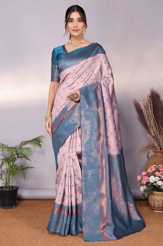 Pech sky blue soft silk blend banarasi jacuard work designer party wear saree with unstitched blouse piece