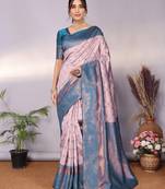 Pech sky blue soft silk blend banarasi jacuard work designer party wear saree with unstitched blouse piece