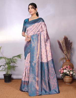 Pech sky blue silk blend banarasi saree with unstitched blouse piece 2