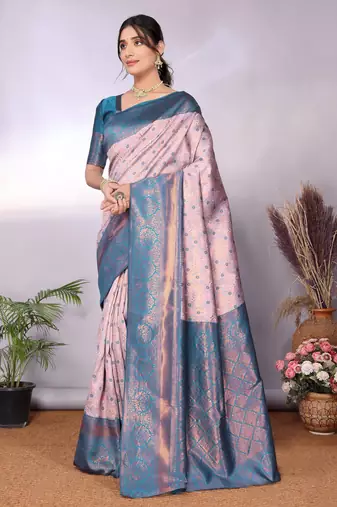 Pech sky blue silk blend banarasi saree with unstitched blouse piece