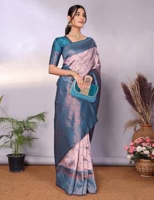 Pech sky blue silk blend banarasi saree with unstitched blouse piece 3