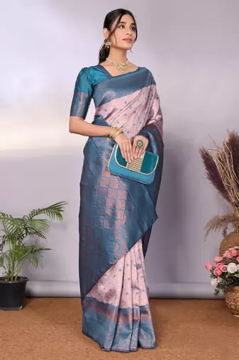 Pech sky blue silk blend banarasi saree with unstitched blouse piece