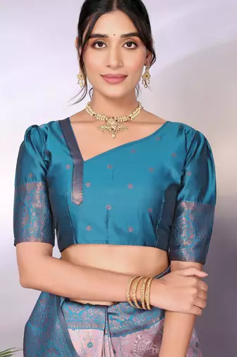 Pech sky blue silk blend banarasi saree with unstitched blouse piece