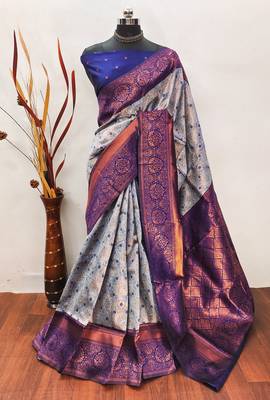 Grey neavy blue silk blend banarasi saree with unstitched blouse piece 1