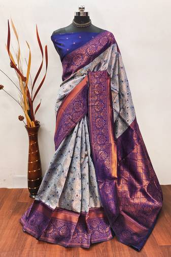 Grey neavy blue soft silk blend banarasi jacuard work designer party wear saree with unstitched blouse piece