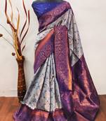 Grey neavy blue soft silk blend banarasi jacuard work designer party wear saree with unstitched blouse piece