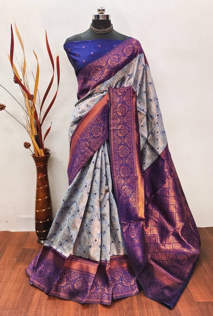 Grey neavy blue soft silk blend banarasi jacuard work designer party wear saree with unstitched blouse piece