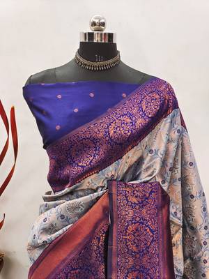 Grey neavy blue silk blend banarasi saree with unstitched blouse piece 2