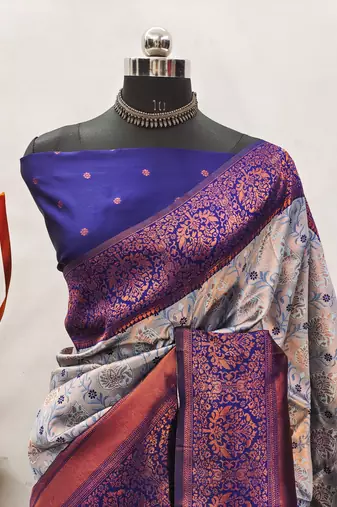 Grey neavy blue silk blend banarasi saree with unstitched blouse piece
