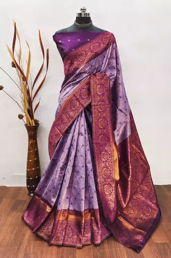 Lavender wine soft silk blend banarasi jacuard work designer party wear saree with unstitched blouse piece