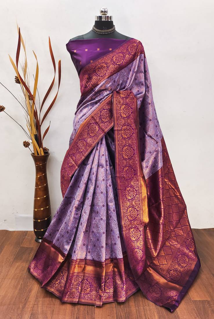 Lavender wine soft silk blend banarasi jacuard work designer party wear saree with unstitched blouse piece