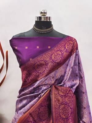 Lavender wine silk blend banarasi saree with unstitched blouse piece 2