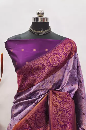 Lavender wine silk blend banarasi saree with unstitched blouse piece