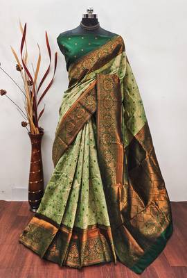 Pista green silk blend banarasi saree with unstitched blouse piece 1